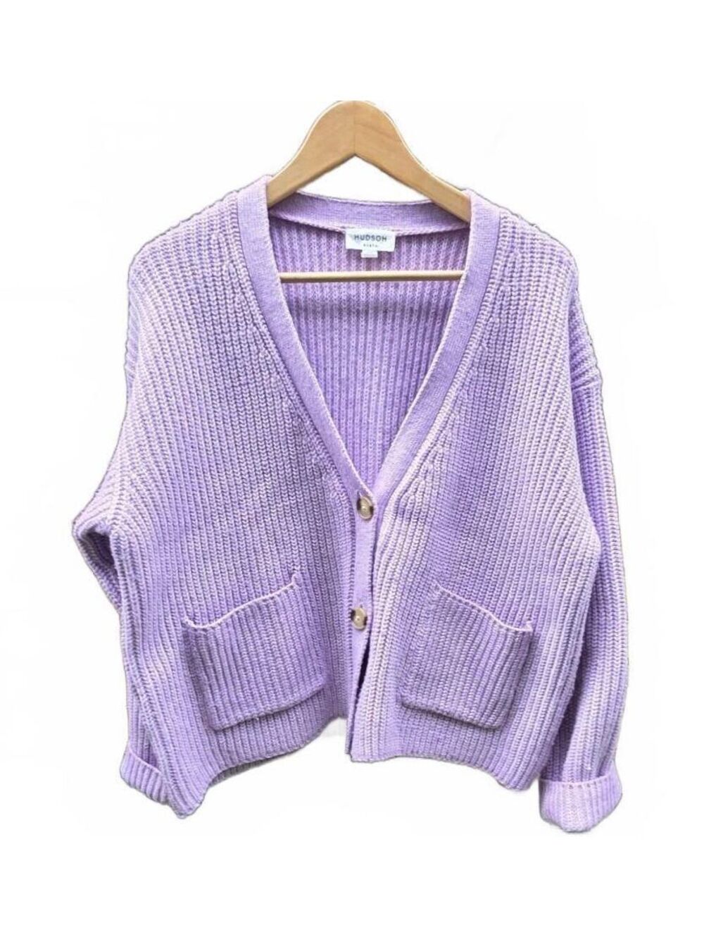 Hudson North Boxy Relaxed Lilac V-Neck Button up Sweater With Front Pockets Lg.